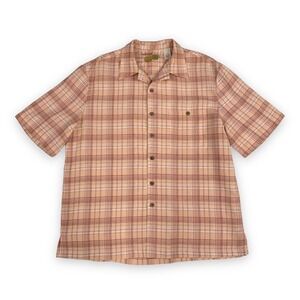 Caribbean Shirt Men Large Short Sleeve Button Down Plaid Orange Silk Blend